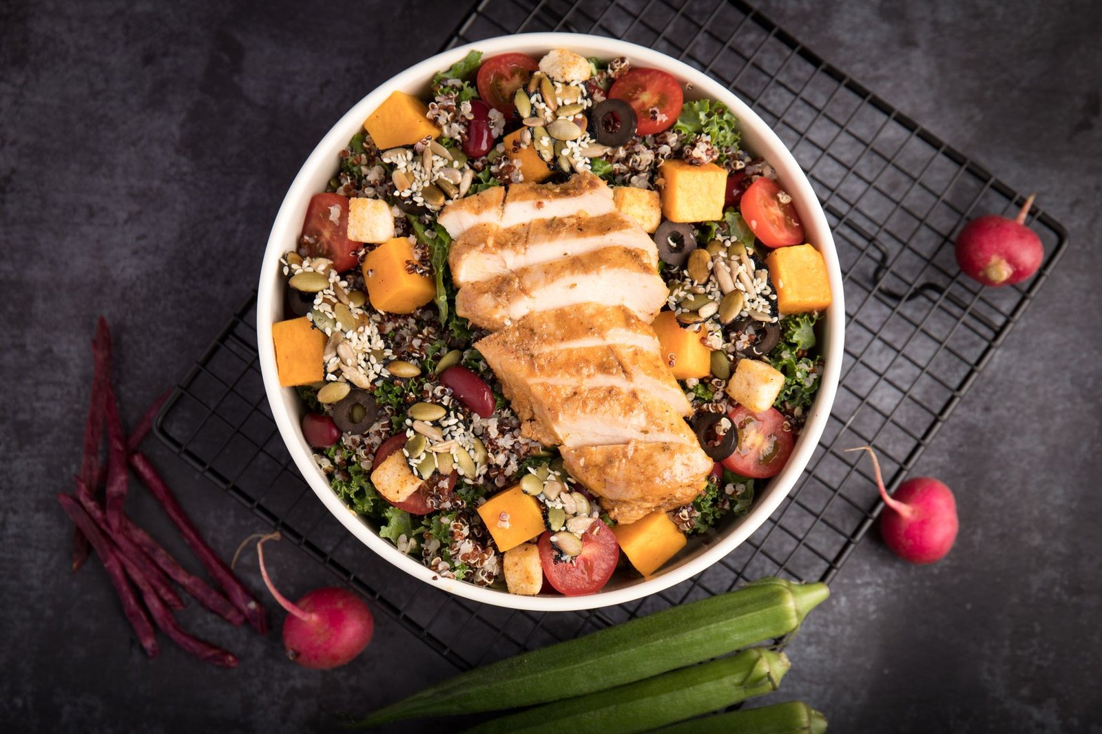 Colorful quinoa salad bowl with various toppings